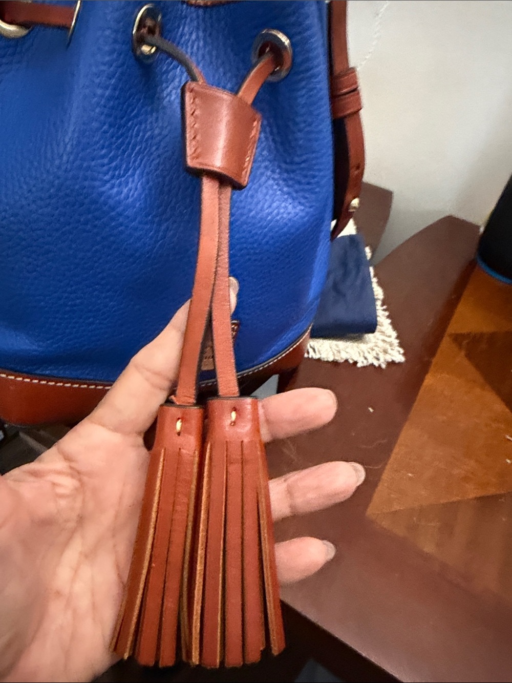 Dooney & Bourke Blue Leather Drawstring Bucket Bag with Brown Trim and Tassels - Picture 11 of 16